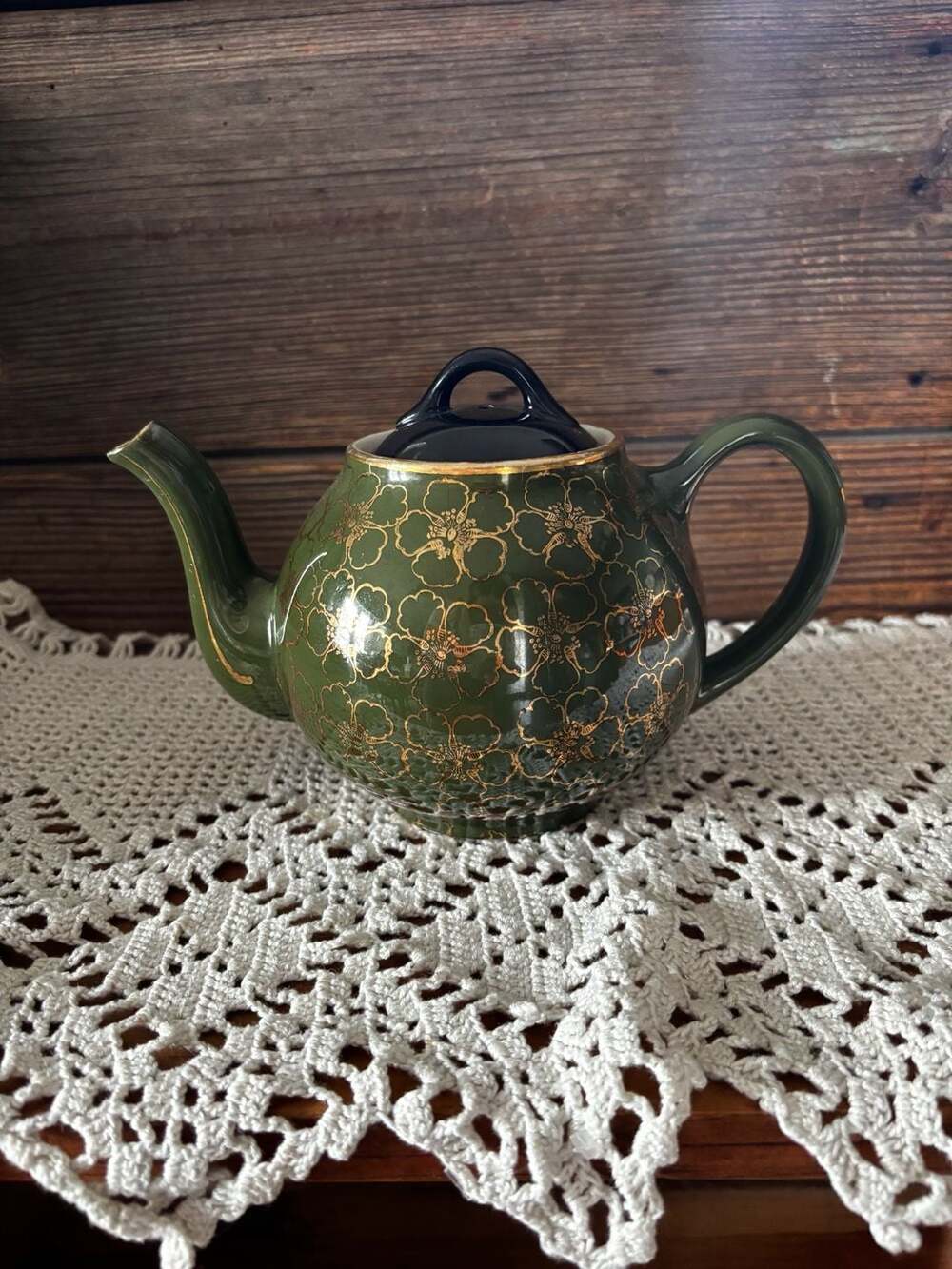 Hall China Green Gold French Flower Teapot 6 Cup